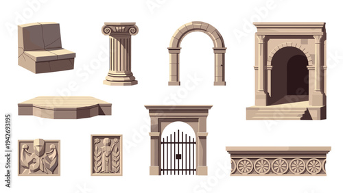 Ancient architectural elements collection with columns and arches