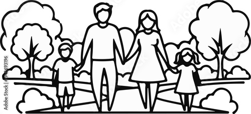 A family walks hand-in-hand through a park with trees