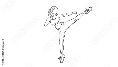 Dynamic line art of woman performing high kick in sportswear
