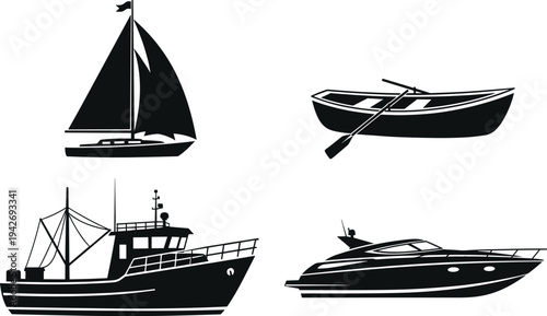 Boat silhouettes collection including sailboat rowboat fishing vessel and luxury yacht, marine transportation icons, nautical vector illustration set
