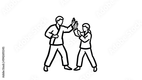 Karate sparring scene with two people in line art style