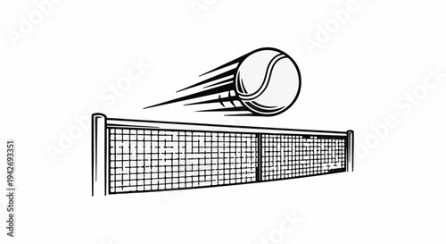 A fast-moving tennis ball flies over a net, depicted in a graphic style