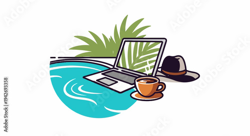 A laptop, hat, and coffee cup sit by a pool with palm fronds