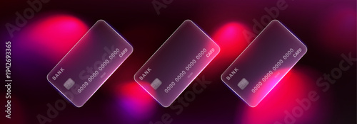 Glass credit card on glowing neon gradient background, abstract vector banner. Futuristic bank payment design with transparent texture, chip and card number
