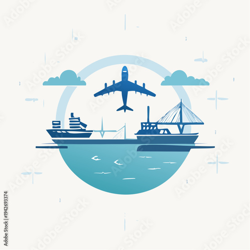 Global Logistics and Transportation Icons Ships, Planes, and Bridges
