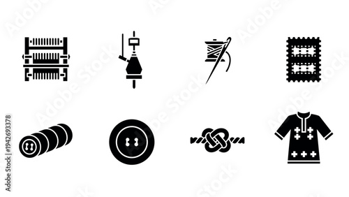 Traditional textile icon set: tools, patterns, and garments