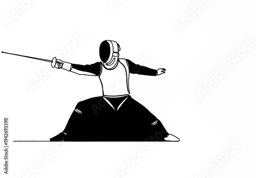 A fencer in protective gear lunges forward with a sword extended