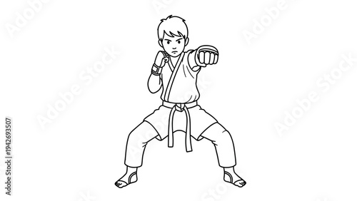Youth martial arts enthusiast in action - karate pose line art