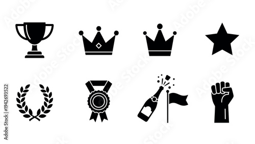 Icon set of achievements and celebrations: trophies, crowns, and victory symbols in bold black