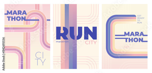 City marathon posters set with pastel color stripes. Vector illustration of sports event promotion banner, running race invitation design with abstract line pattern, fitness competition advertising