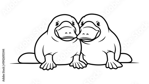 Two Platypus Cartoon Couple: A charming illustration of two cartoon platypuses snuggled together, showcasing their unique features and playful demeanor.