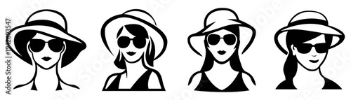 Set of fashionable women wearing sunglasses and sun hats silhouette vector illustration