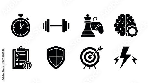 Black silhouette icons representing sports, strategy, technology and security themes
