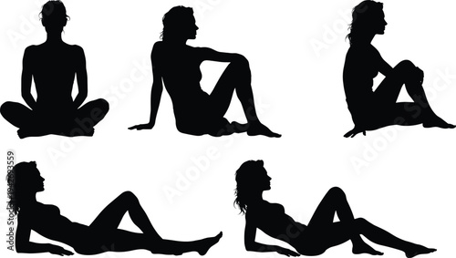 Collection of black silhouettes featuring business people walking, talking, standing, a boxer, and women in relaxed sitting and reclining poses,