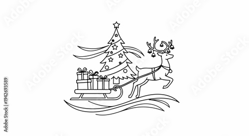 A festive Christmas scene with a reindeer-drawn sleigh full of gifts and a decorated tree