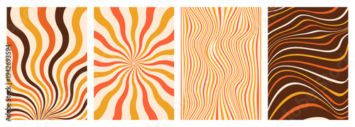 Groovy swirl pattern, abstract vector background. Funky spiral banner set with psychedelic texture, retro cards with radial distorted lines, wavy strips, trippy twisted graphic design in vintage color