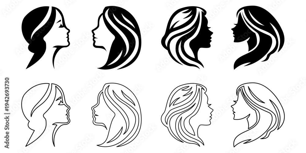 Obraz premium Set of fashionable side profile of woman with elegant hairstyle line art silhouette vector illustration