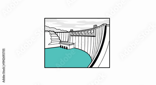 A large dam holds back turquoise water, with mountains in background