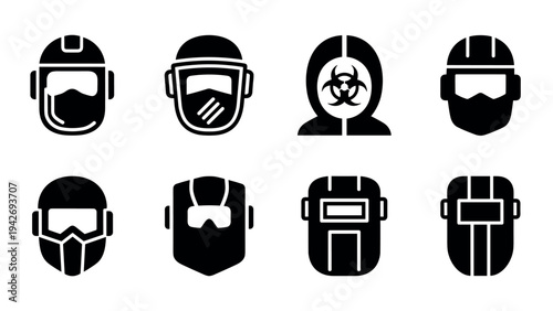 Set of protective gear icons: helmets, masks, goggles in bold silhouette style