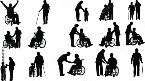 Caregiver helping elderly disabled people silhouettes set, wheelchair assistance, walking stick support, healthcare aid, family care vector illustration