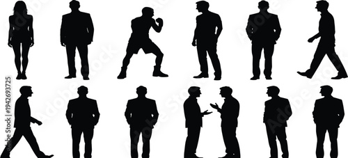 Collection of black silhouettes featuring business people walking, standing, talking, and a boxer isolated on white background for corporate design,