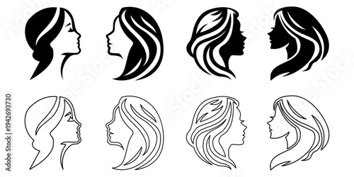 Set of fashionable side profile of woman with elegant hairstyle line art silhouette vector illustration