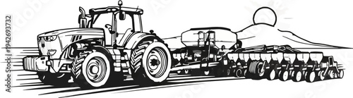 A large farm tractor tows a seed planter under a setting sun