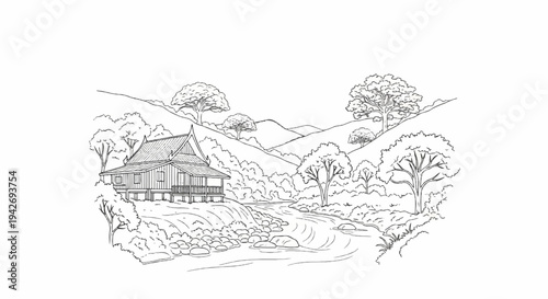 A hand-drawn sketch of a traditional dwelling nestled beside a flowing river