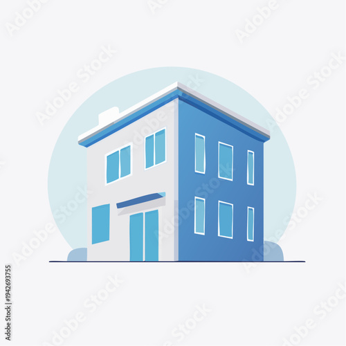 Abstract Two-Story House with Blue and White Facade in a Clean Graphic Style, Ideal for Real Estate Concepts