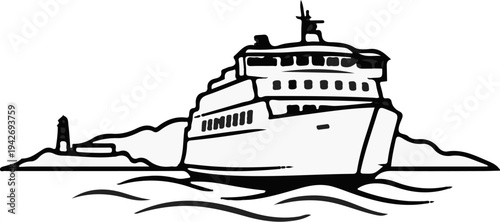 A large ferry sails past a lighthouse and coastal island