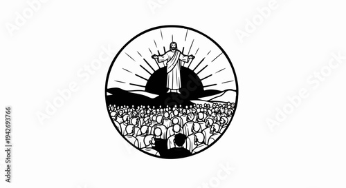 A figure stands on a hill with arms outstretched above a crowd