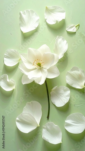 Pristine white flower, petals scattered on a soft green surface