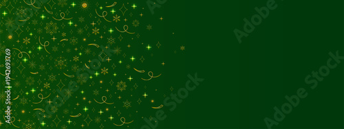 Golden snowflake border, elegant winter abstract pattern isolated on green background. Festive snow ornament, decorative element for holiday greeting cards, Christmas banner design