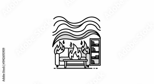 A living room scene with a sofa engulfed in flames and smoke rising