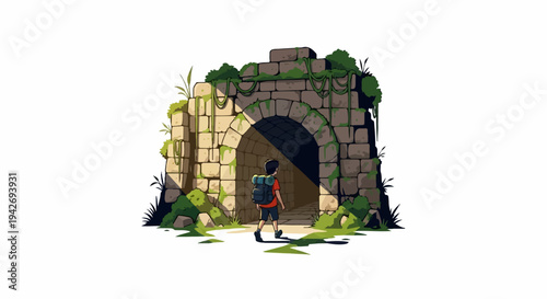 A lone backpacker approaches an ancient, vine-covered stone archway, sunlight casting long shadows