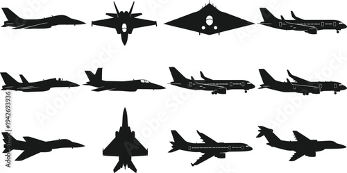 aircraft silhouette collection, military jet fighter passenger airplane vector set aviation transport plane icons isolated black silhouettes