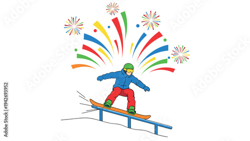 Snowboarder performing trick on rail with colorful fireworks display