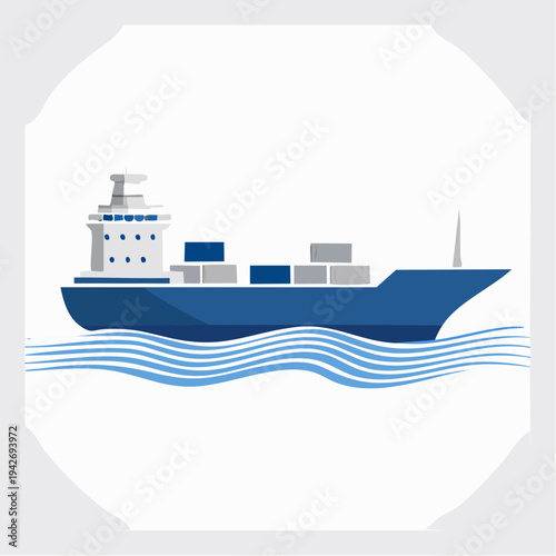 An illustrative icon of a large blue container ship sailing on waves, symbolizing international freight and transport