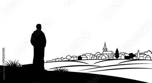 A lone figure stands on a hill overlooking a quaint village under a clear sky