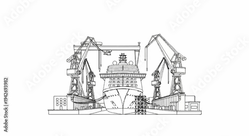 A large ship is being serviced by two towering cranes at a shipyard