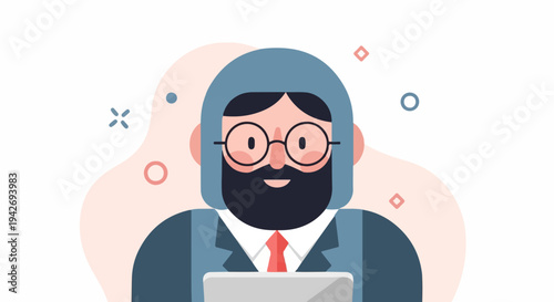 A flat, cartoonish character with a beard and glasses wears a suit and tie