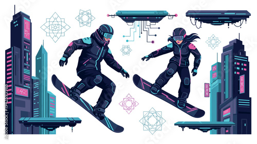 Futuristic cyberpunk snowboarders in neon cityscape with geometric patterns