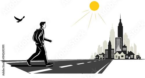 A lone traveler walks towards a city under a bright sun with a bird overhead