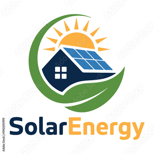 Solar energy company logo featuring a house with solar panels and a sun