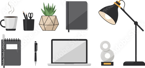 A flat design illustration of office desk items coffee, plant, books, lamp, laptop, pen, and award