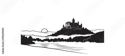 A majestic castle sits atop a hill overlooking a serene lake at sunset