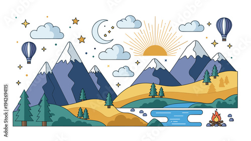 Colorful flat nature landscape with mountains, hot air balloons, and campfire scene
