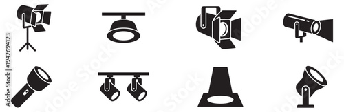 Studio and Stage Lighting Icon Set. Solid Vector Illustration of Spotlights, Flashlights, and Track Lights for Events and Interior.
