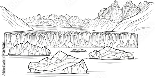 A majestic glacial expanse with jagged peaks overlooking ice formations in water