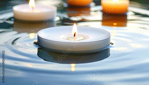 Floating candles on rippled water, soft glow, peaceful, reflective